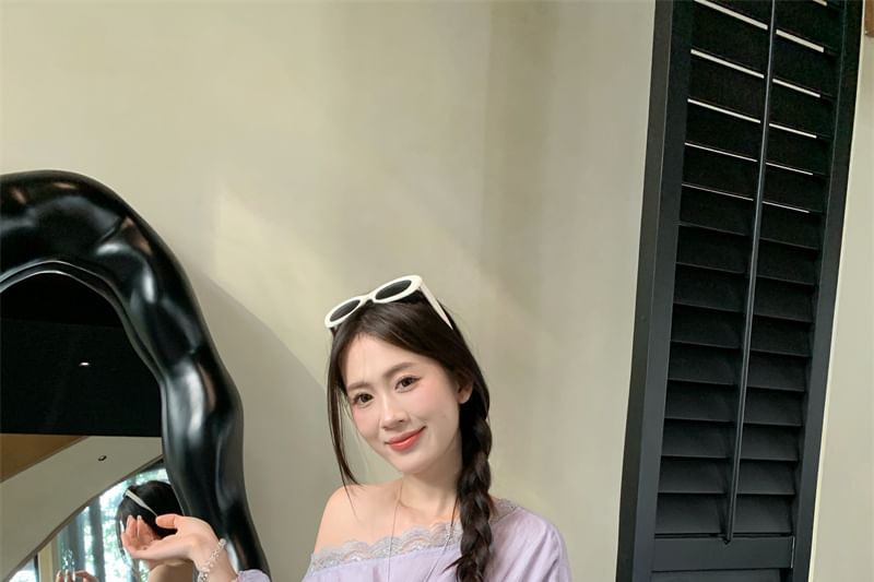 Long Sleeve One Shoulder Plain Panel Lace Trim Blouse