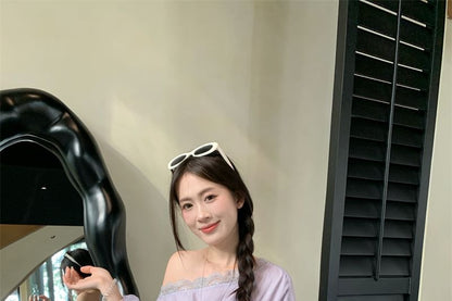 Long Sleeve One Shoulder Plain Panel Lace Trim Blouse