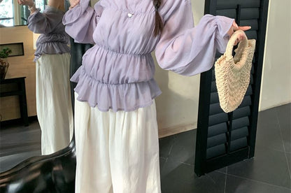 Long Sleeve One Shoulder Plain Panel Lace Trim Blouse