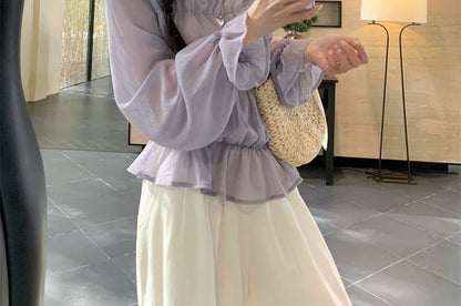 Long Sleeve One Shoulder Plain Panel Lace Trim Blouse