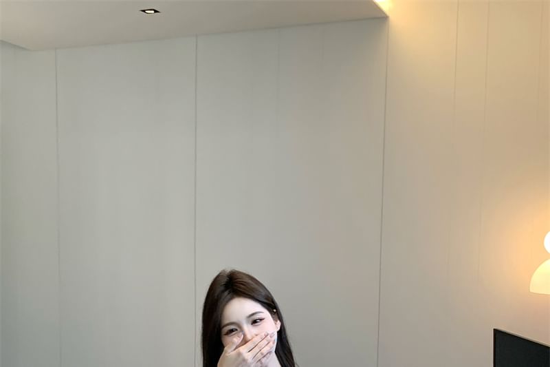 V-Neck Plain Lace Cami Top / Long Sleeve Off Shoulder Plain Tie Front Top / High Waist Plain Satin Shorts