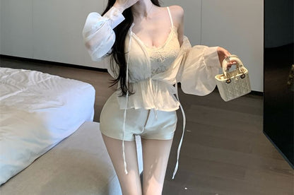 V-Neck Plain Lace Cami Top / Long Sleeve Off Shoulder Plain Tie Front Top / High Waist Plain Satin Shorts