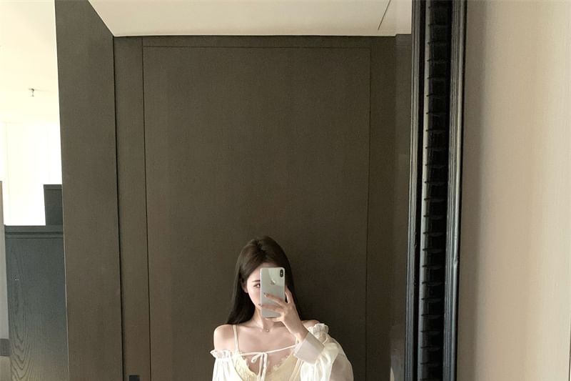 V-Neck Plain Lace Cami Top / Long Sleeve Off Shoulder Plain Tie Front Top / High Waist Plain Satin Shorts