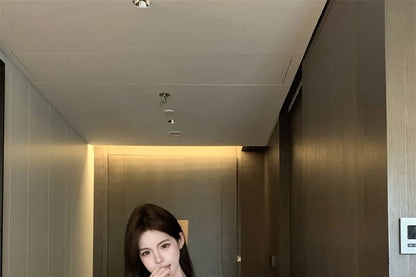 V-Neck Plain Lace Cami Top / Long Sleeve Off Shoulder Plain Tie Front Top / High Waist Plain Satin Shorts