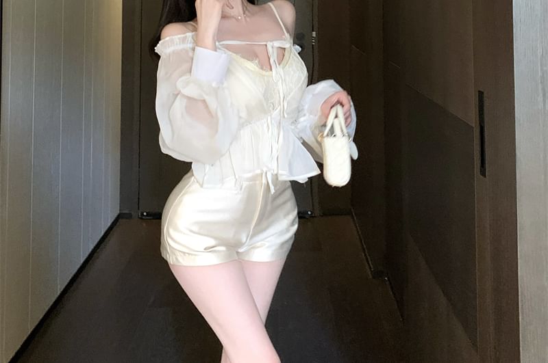 V-Neck Plain Lace Cami Top / Long Sleeve Off Shoulder Plain Tie Front Top / High Waist Plain Satin Shorts