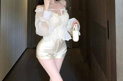 V-Neck Plain Lace Cami Top / Long Sleeve Off Shoulder Plain Tie Front Top / High Waist Plain Satin Shorts