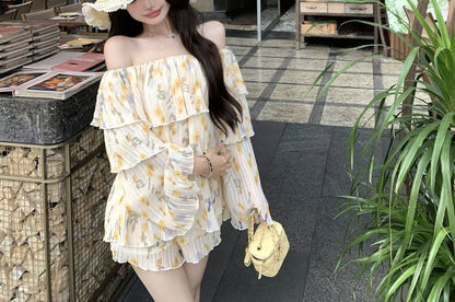 Long Sleeve Off Shoulder Floral Print Ruffle Blouse / High Waist Shorts