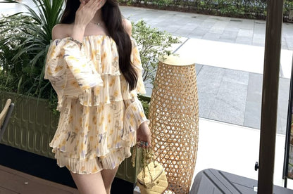 Long Sleeve Off Shoulder Floral Print Ruffle Blouse / High Waist Shorts