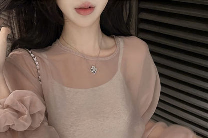 Set: Long Sleeve Crew Neck Plain Sheer Blouse + Cami Top