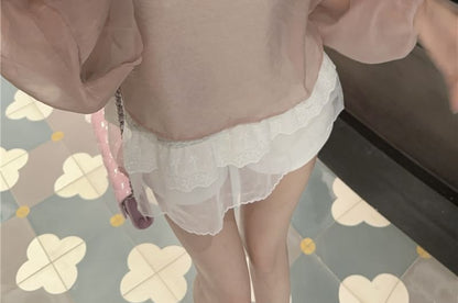 Set: Long Sleeve Crew Neck Plain Sheer Blouse + Cami Top