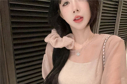 Set: Long Sleeve Crew Neck Plain Sheer Blouse + Cami Top