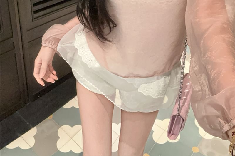 Set: Long Sleeve Crew Neck Plain Sheer Blouse + Cami Top