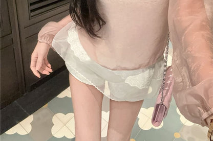 Set: Long Sleeve Crew Neck Plain Sheer Blouse + Cami Top