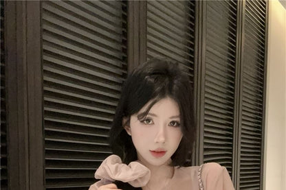 Set: Long Sleeve Crew Neck Plain Sheer Blouse + Cami Top