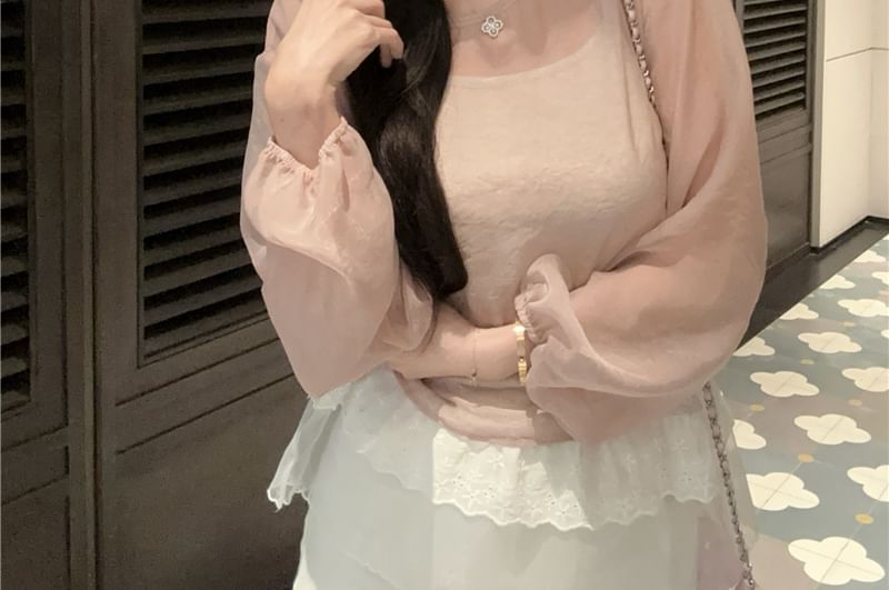 Set: Long Sleeve Crew Neck Plain Sheer Blouse + Cami Top