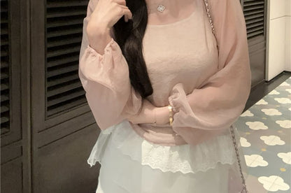 Set: Long Sleeve Crew Neck Plain Sheer Blouse + Cami Top