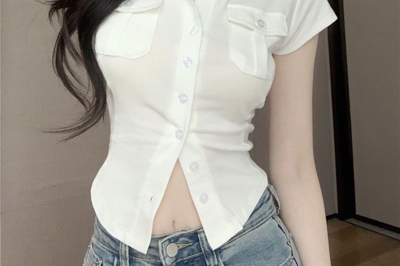 Cap Sleeve Collared Plain Flap Pocket Jersey Shirt