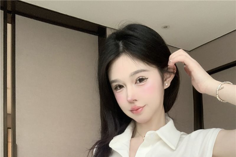 Cap Sleeve Collared Plain Flap Pocket Jersey Shirt