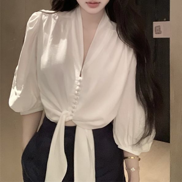 Elbow Sleeve V-Neck Plain Tie Front Blouse