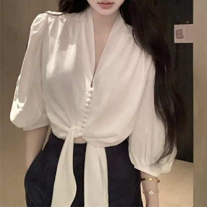 Elbow Sleeve V-Neck Plain Tie Front Blouse