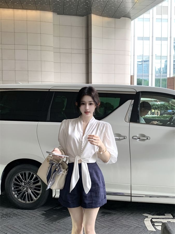 Elbow Sleeve V-Neck Plain Tie Front Blouse