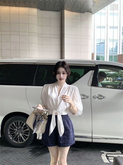 Elbow Sleeve V-Neck Plain Tie Front Blouse