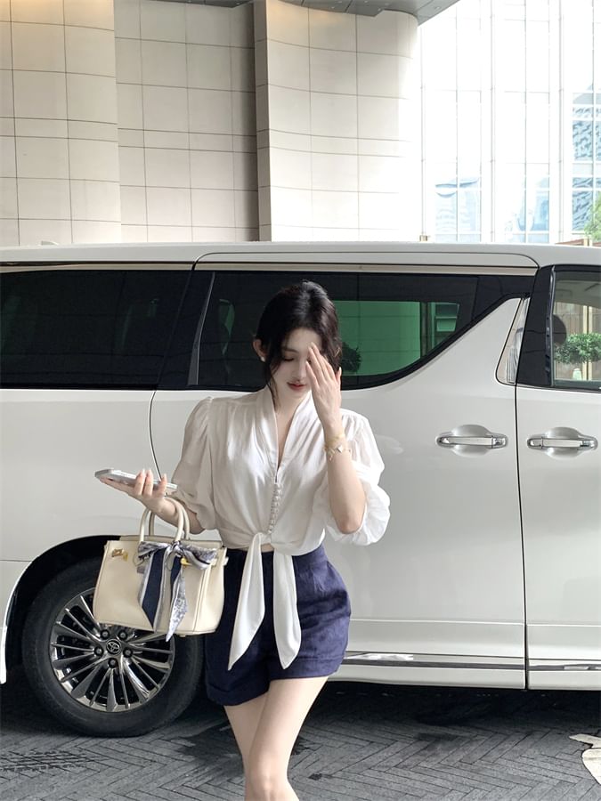 Elbow Sleeve V-Neck Plain Tie Front Blouse