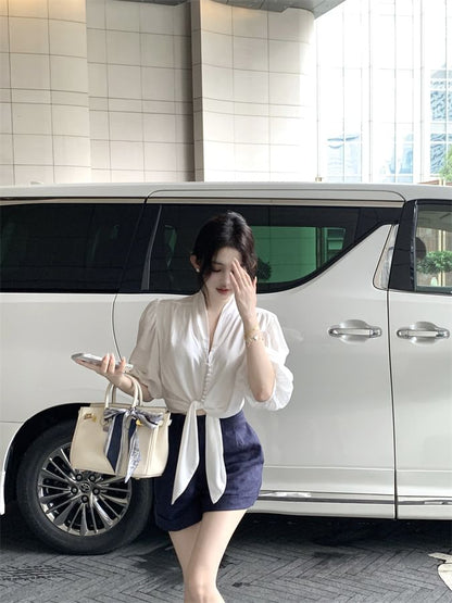 Elbow Sleeve V-Neck Plain Tie Front Blouse