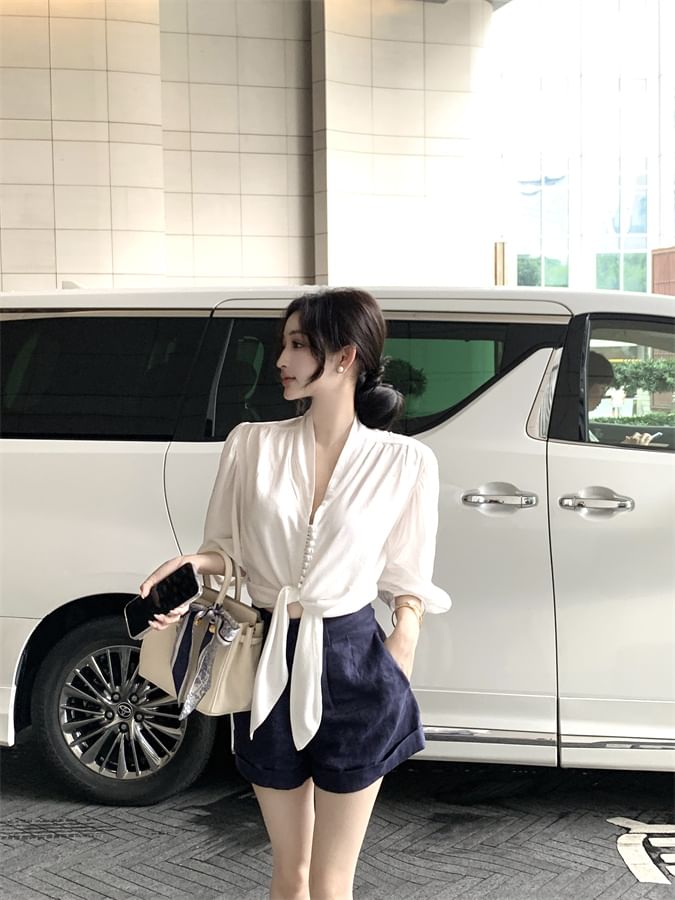 Elbow Sleeve V-Neck Plain Tie Front Blouse