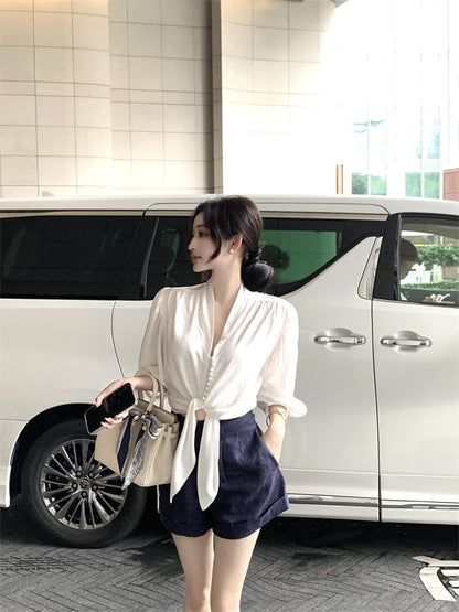 Elbow Sleeve V-Neck Plain Tie Front Blouse