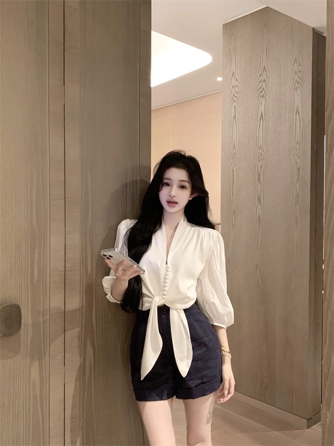 Elbow Sleeve V-Neck Plain Tie Front Blouse