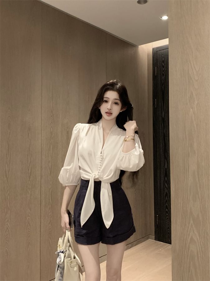 Elbow Sleeve V-Neck Plain Tie Front Blouse