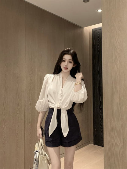 Elbow Sleeve V-Neck Plain Tie Front Blouse