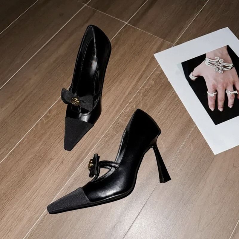 High Heel Pointed Bow Accent Pumps