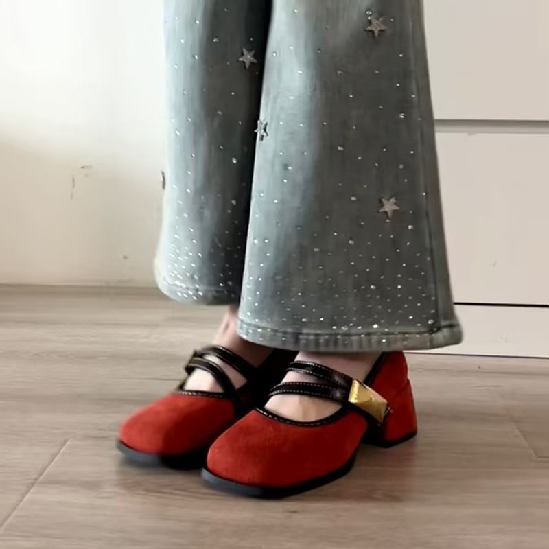 Block Heel Metallic Buckle Mary Jane Shoes