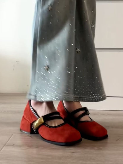 Block Heel Metallic Buckle Mary Jane Shoes