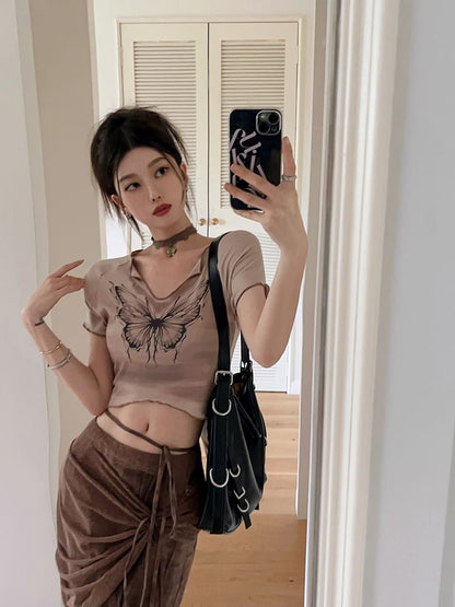 Short Sleeve V-Neck Butterfly Print Crop Tee / Mid Waist Tie-Up Maxi Pencil Skirt