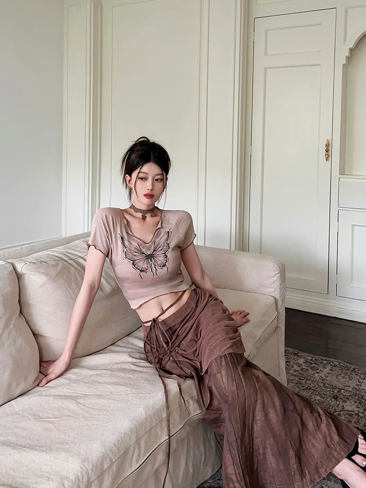 Short Sleeve V-Neck Butterfly Print Crop Tee / Mid Waist Tie-Up Maxi Pencil Skirt