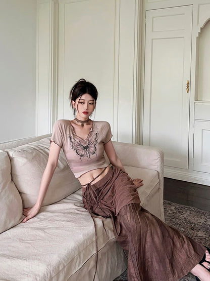 Short Sleeve V-Neck Butterfly Print Crop Tee / Mid Waist Tie-Up Maxi Pencil Skirt