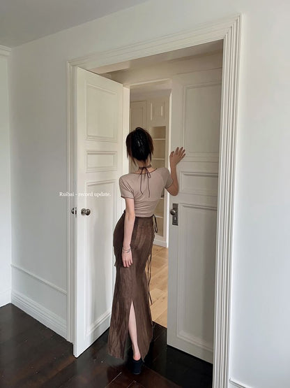 Short Sleeve V-Neck Butterfly Print Crop Tee / Mid Waist Tie-Up Maxi Pencil Skirt