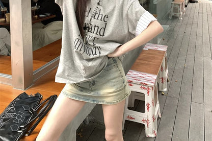 Short Sleeve Round Neck Lettering Print Striped Panel T-Shirt