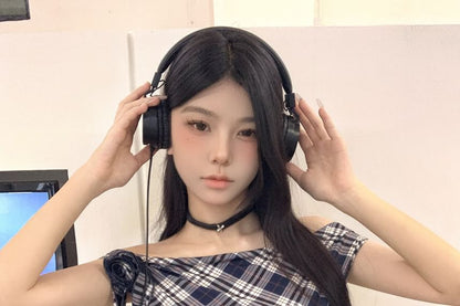 Short Sleeve Off Shoulder Plaid Top