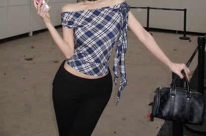 Short Sleeve Off Shoulder Plaid Top