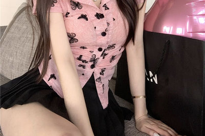 Short Sleeve V-Neck Butterfly Print Button Top