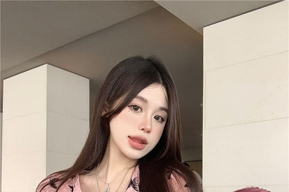 Short Sleeve V-Neck Butterfly Print Button Top