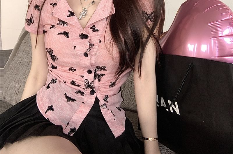 Short Sleeve V-Neck Butterfly Print Button Top