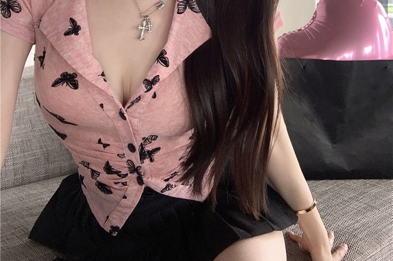 Short Sleeve V-Neck Butterfly Print Button Top
