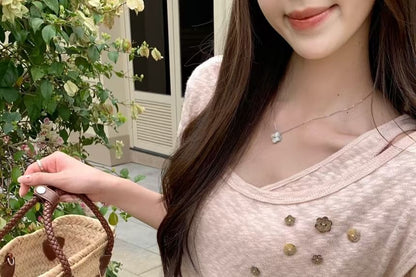 Set: Short Sleeve Cold Shoulder Plain Button Top + Cord Belt