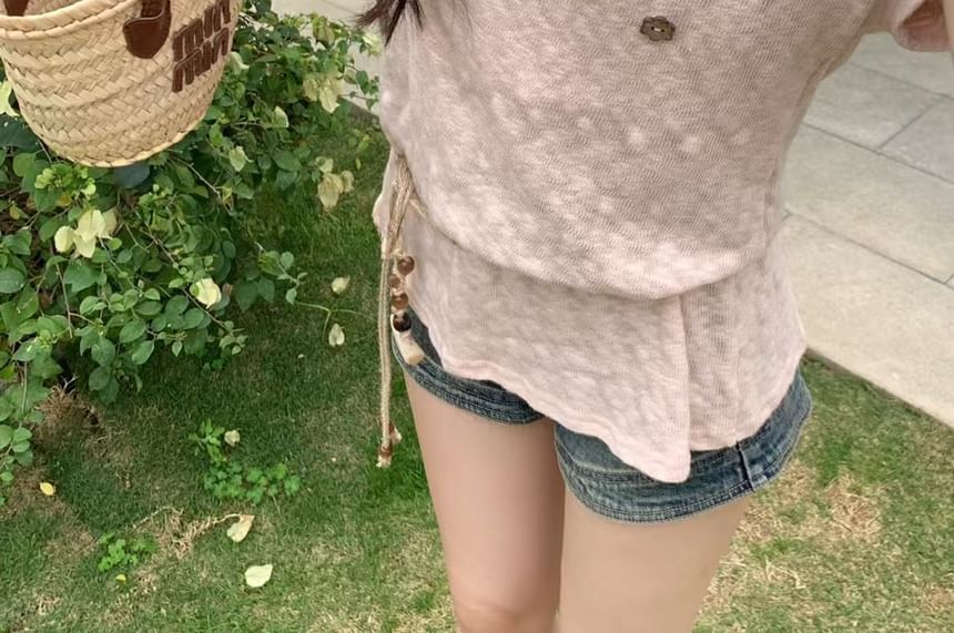 Set: Short Sleeve Cold Shoulder Plain Button Top + Cord Belt