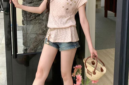 Set: Short Sleeve Cold Shoulder Plain Button Top + Cord Belt